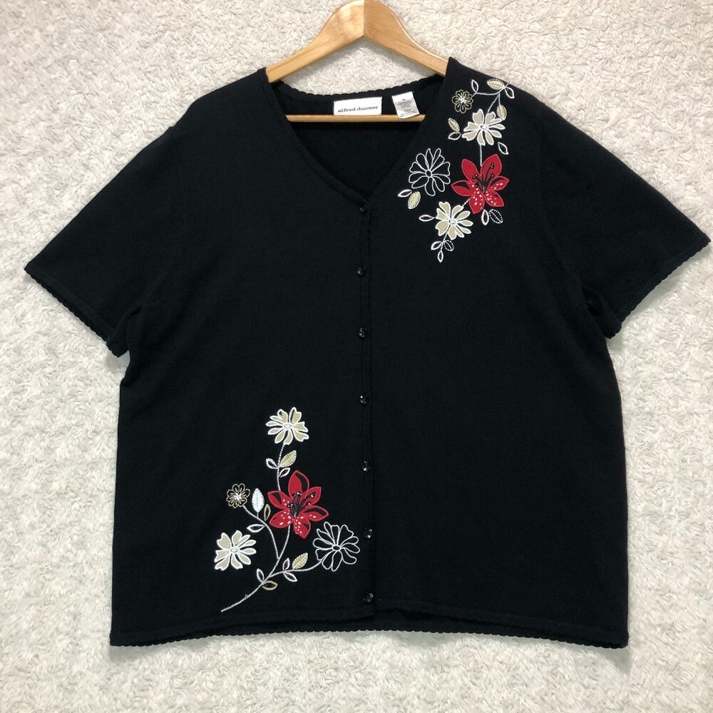 Alfred Dunner Women's Size XL Cardigan Sweater Black Floral Embroidery Vintage